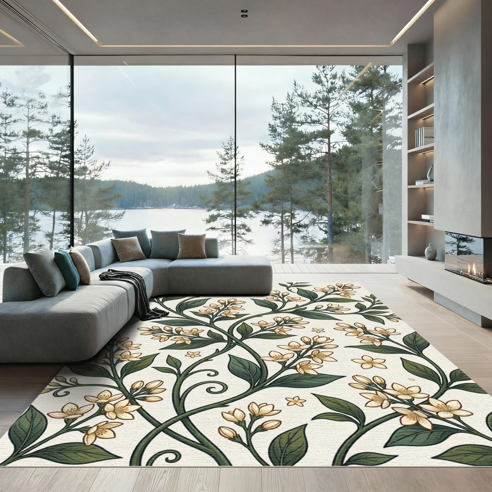 Elegant Cream Jasmine Botanical Vine Rug