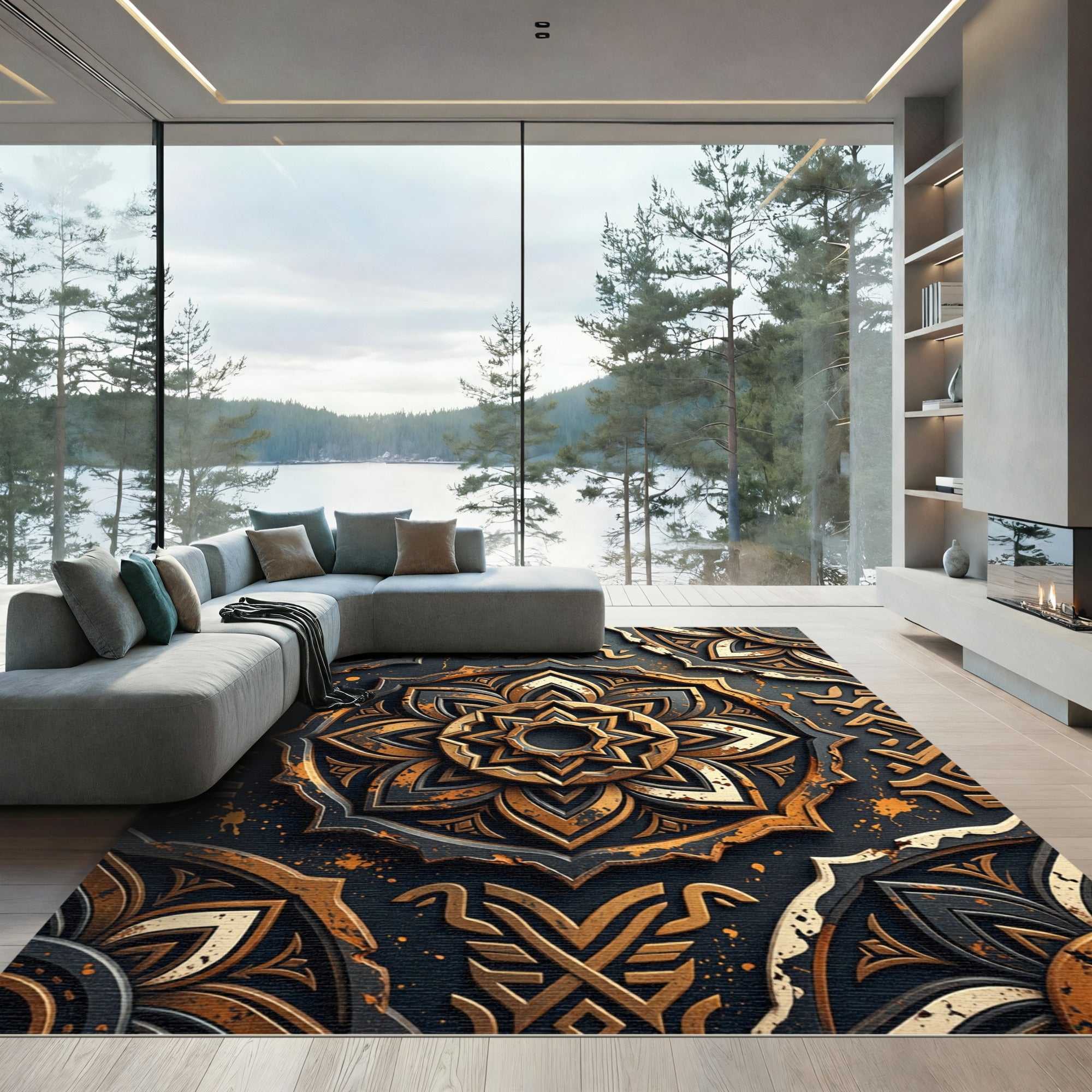 Metallic Gold and Charcoal Floral Medallion Rug