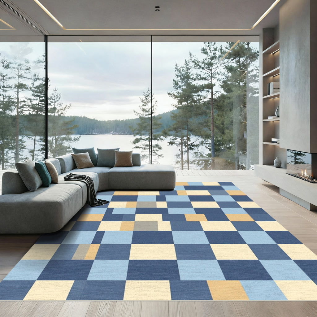 Geometric Blue and Amber Checkerboard Grid Rug