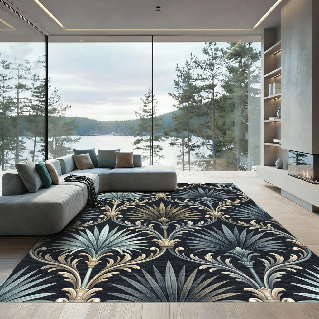 Damask Teal Palm Leaf Scroll Rug