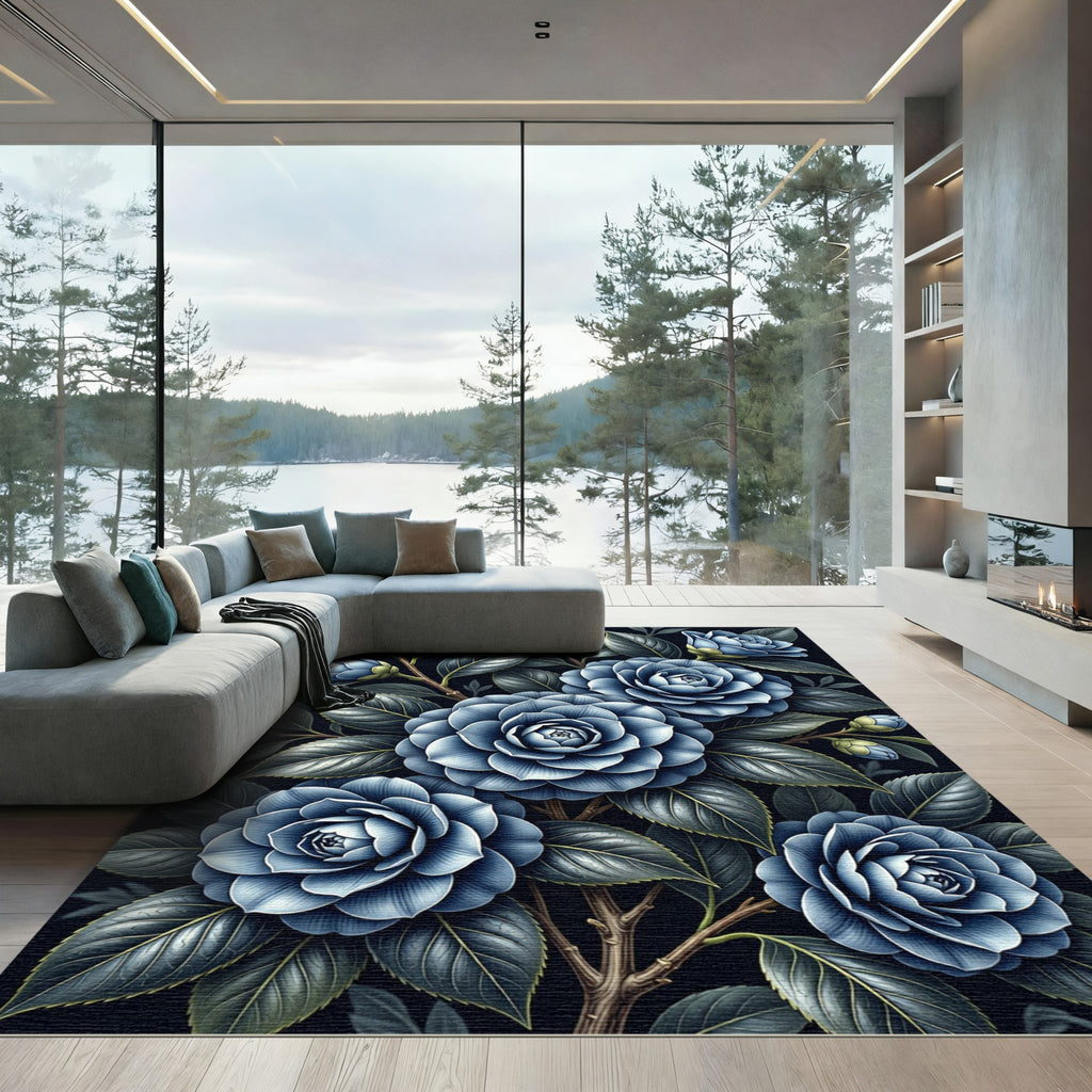 Lush Navy Camellia Floral Botanical Rug