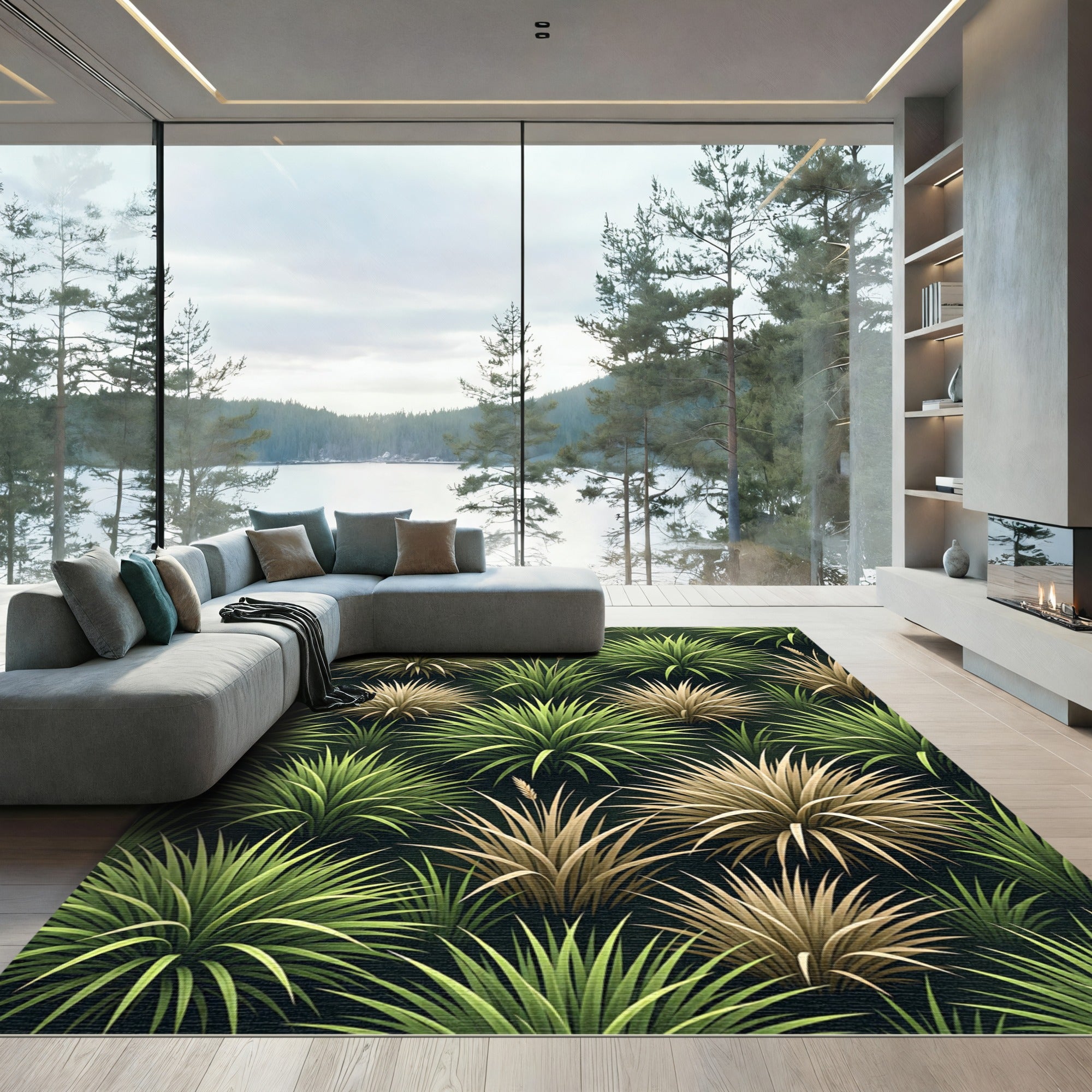Lush Green and Golden Potted Grasses Rug