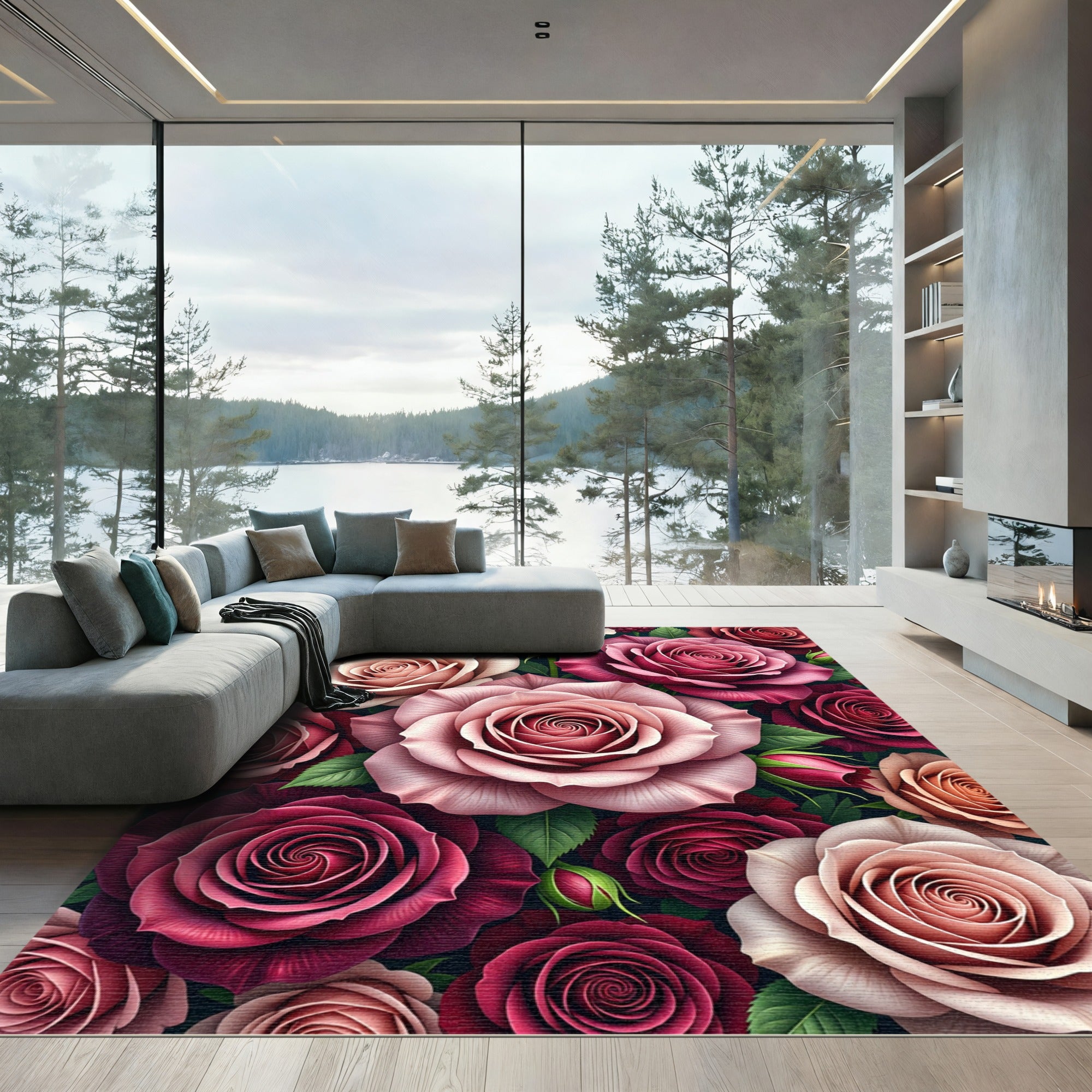 Bold Crimson Pink Rose Garden Rug