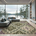 Damask Olive and Plum Quatrefoil Scroll Rug