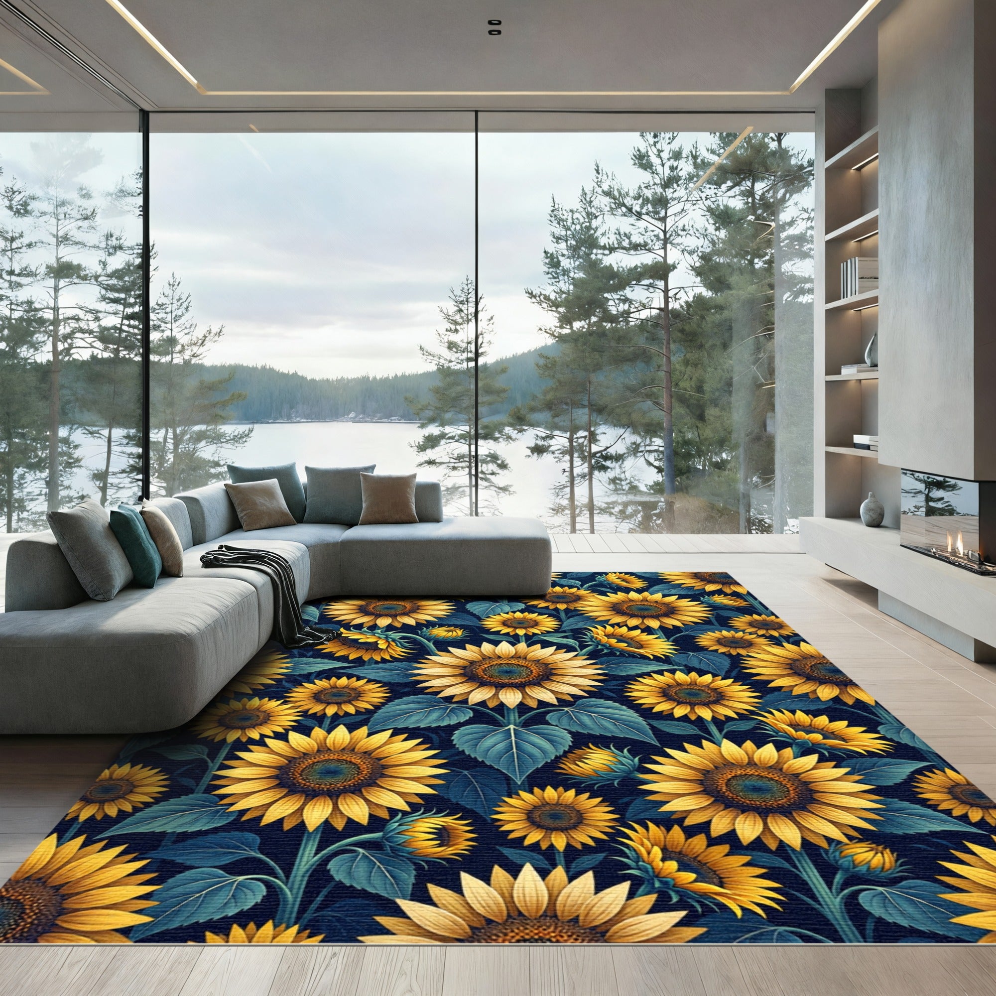 Vibrant Golden Sunflower Floral Field Rug