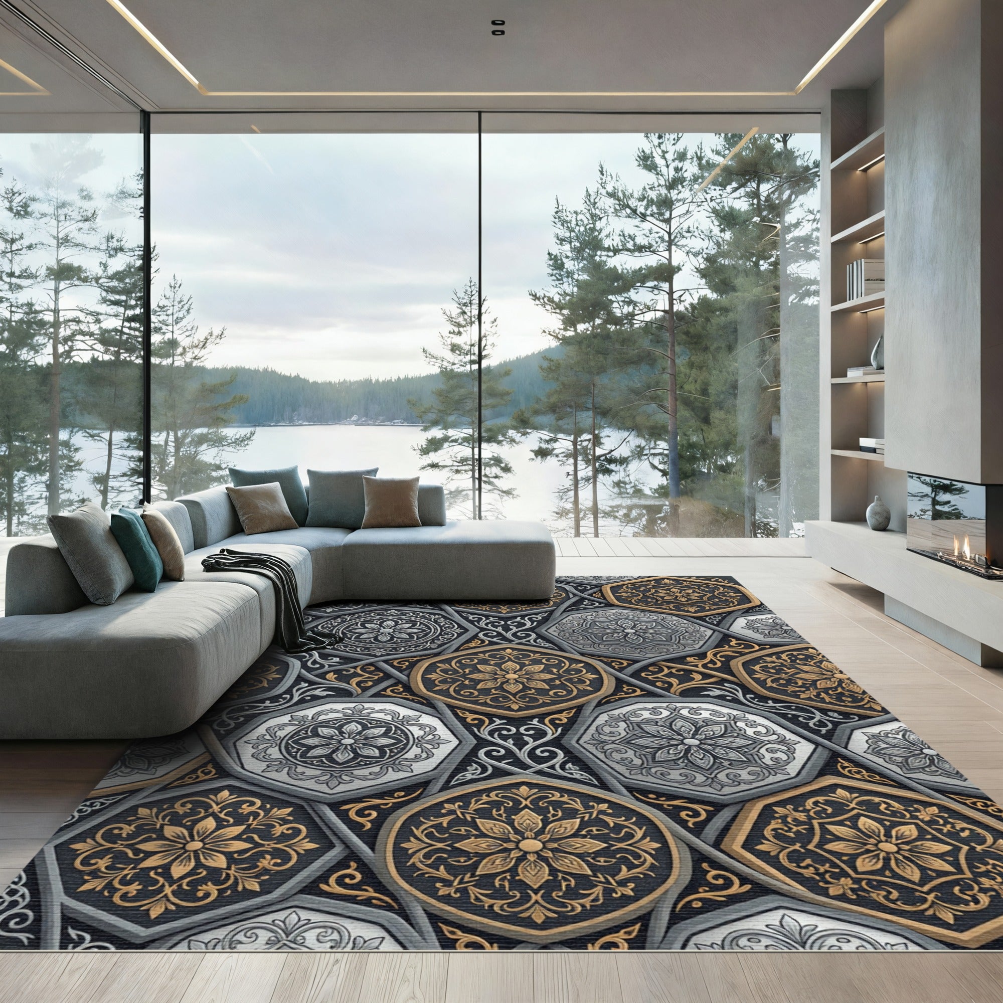 Elaborate Hexagonal Floral Medallion Rug
