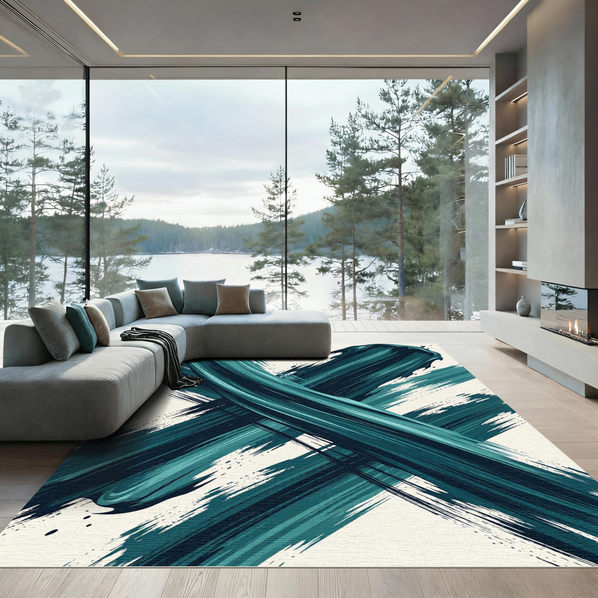 Modern Teal Abstract Bold Brushstroke Rug