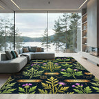 Dark Botanical Herbarium Gold Floral Tapestry Rug