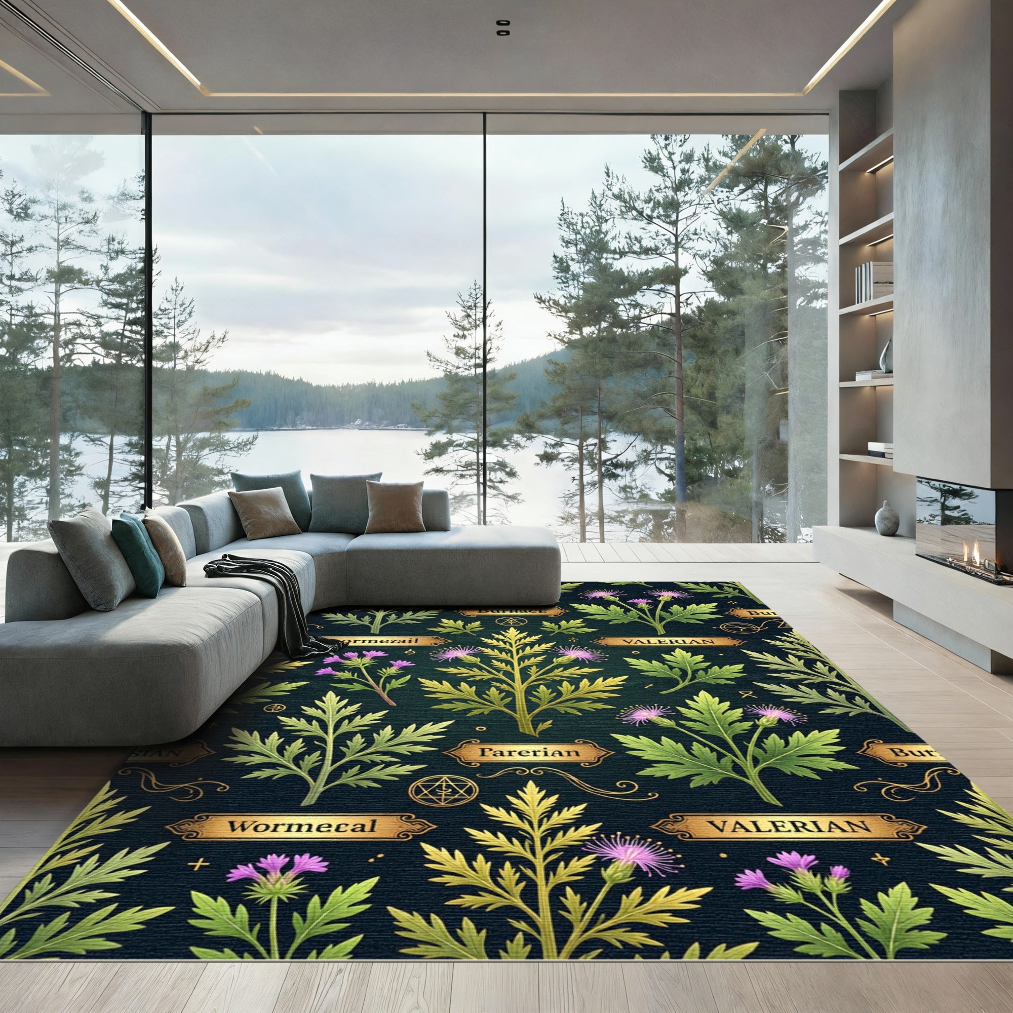 Dark Botanical Herbarium Gold Floral Tapestry Rug