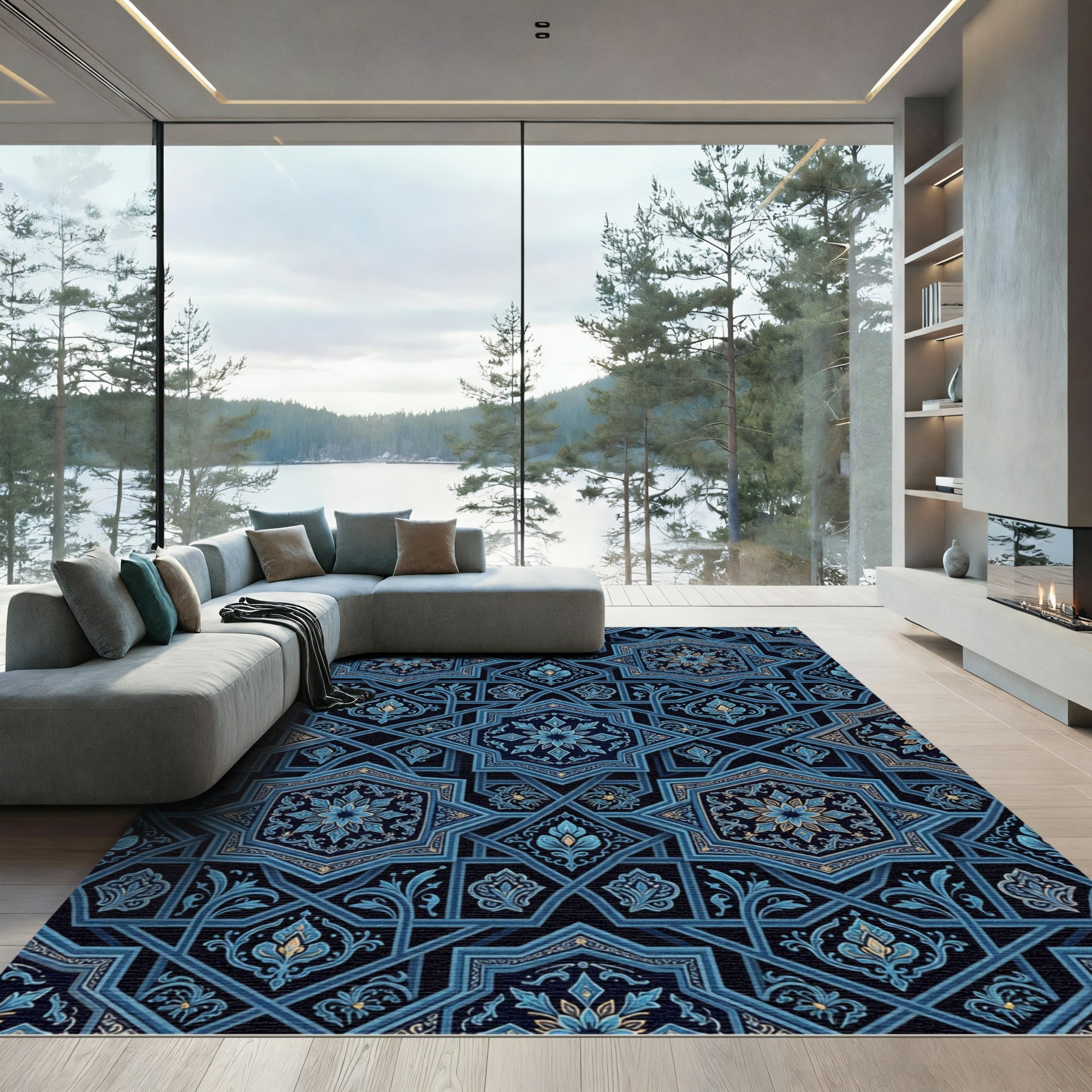 Deep Blue Geometric Star Floral Rug