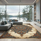 Ornate Blue and Copper Floral Medallion Rug