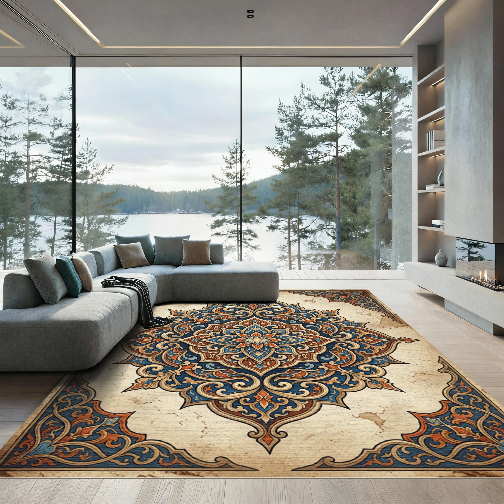 Ornate Blue and Copper Floral Medallion Rug