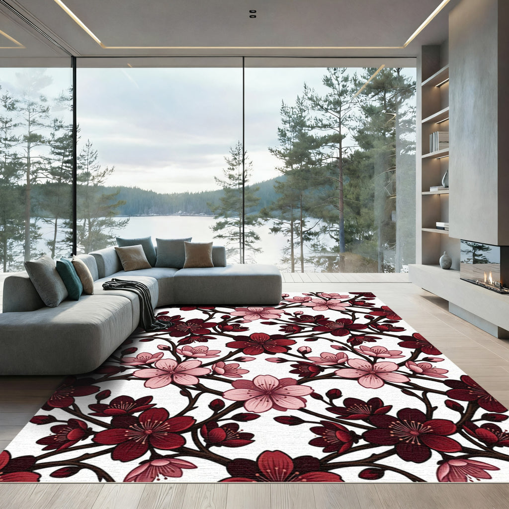 Crimson And Soft Pink Cherry Blossoms Rug