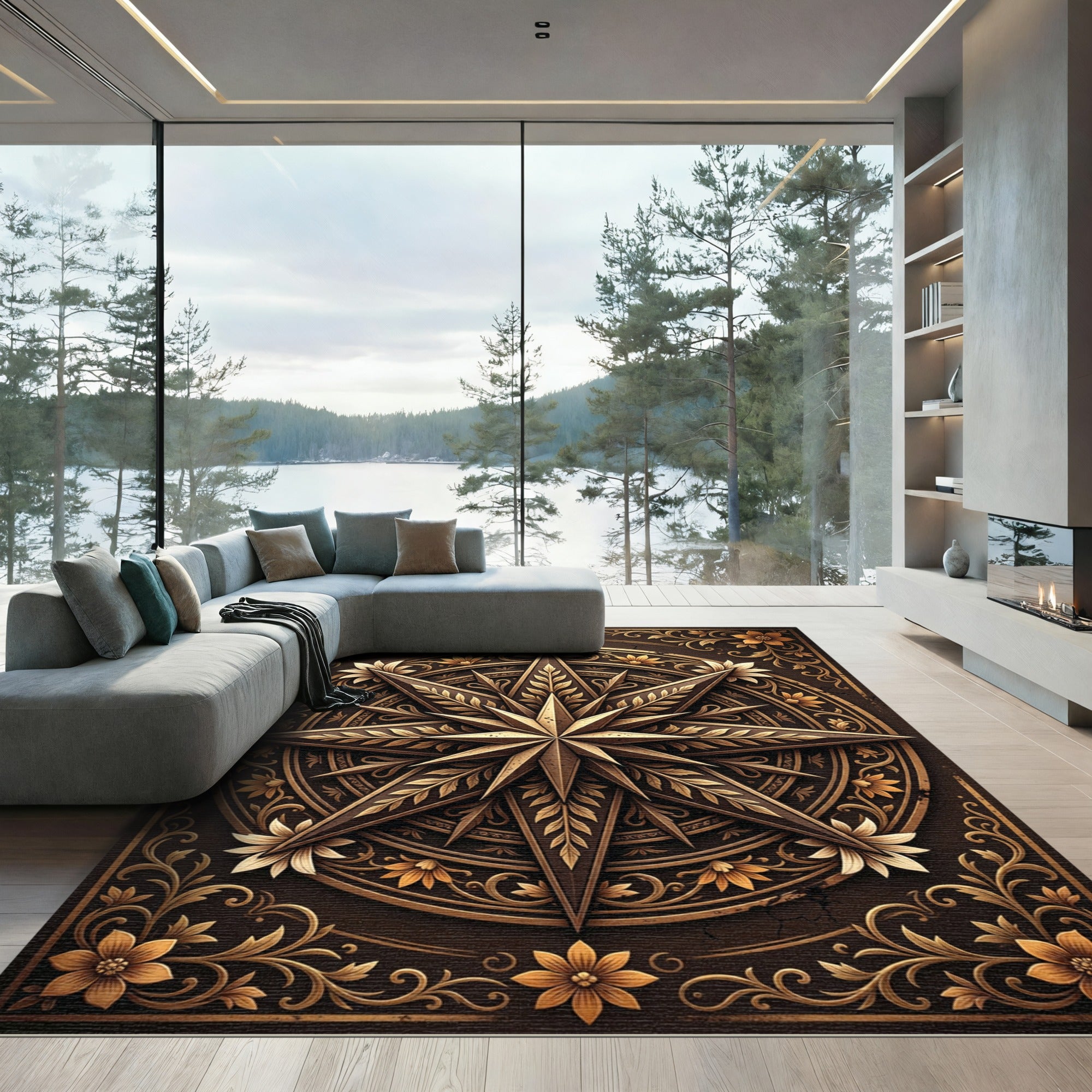 Ornate Brown Gold Floral Compass Swirl Rug