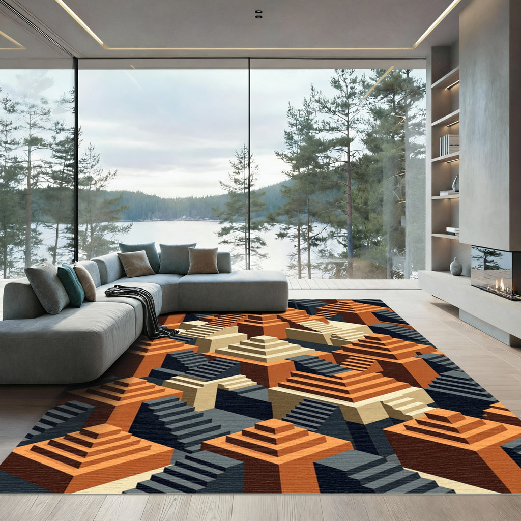 Geometric Terracotta Staircase Isometric Rug
