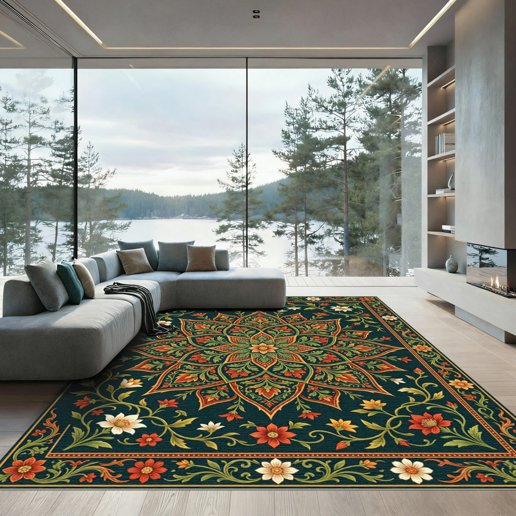 Rich Crimson Floral Scroll Medallion Rug