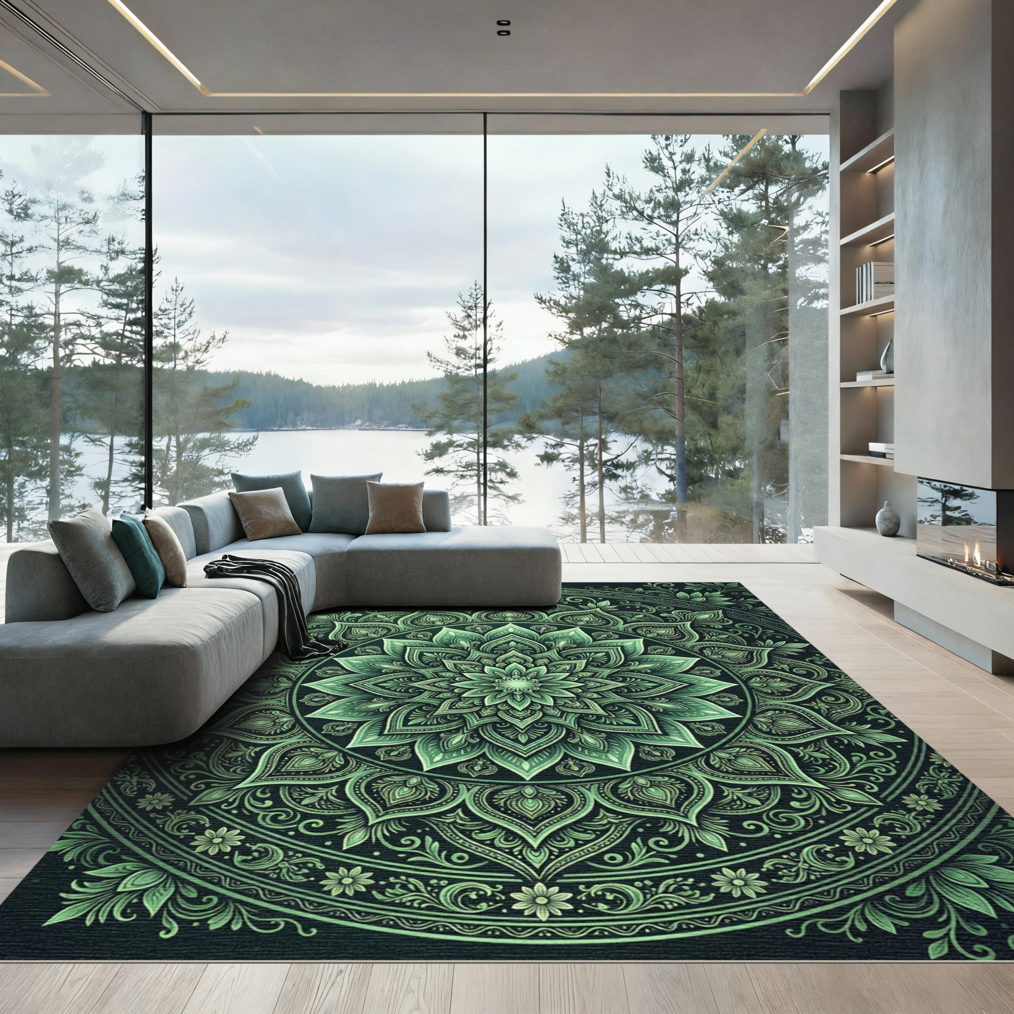 Deep Green Floral Mandala Composition Rug
