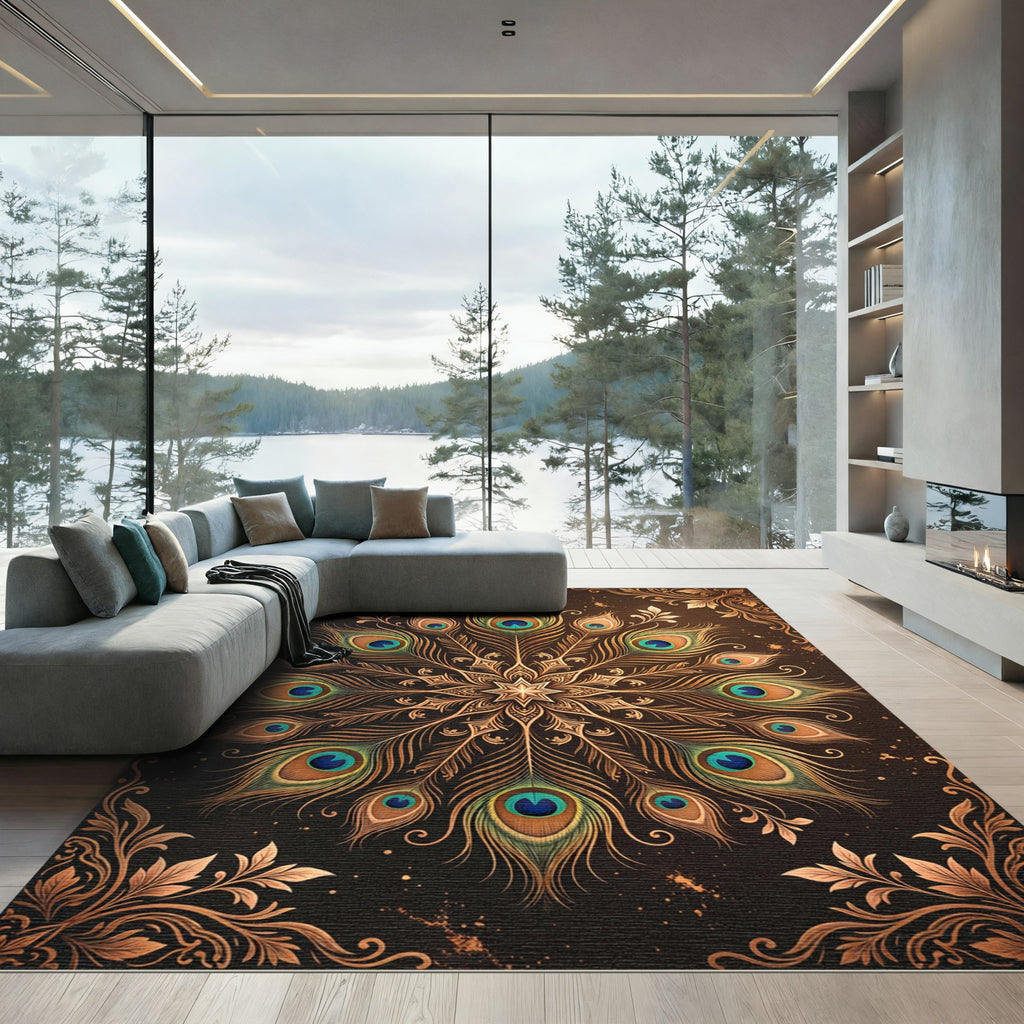 Elegant Golden Peacock Feather Mandala Rug
