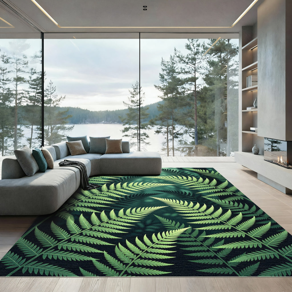 Forest Green Fern Leaf Pattern Rug