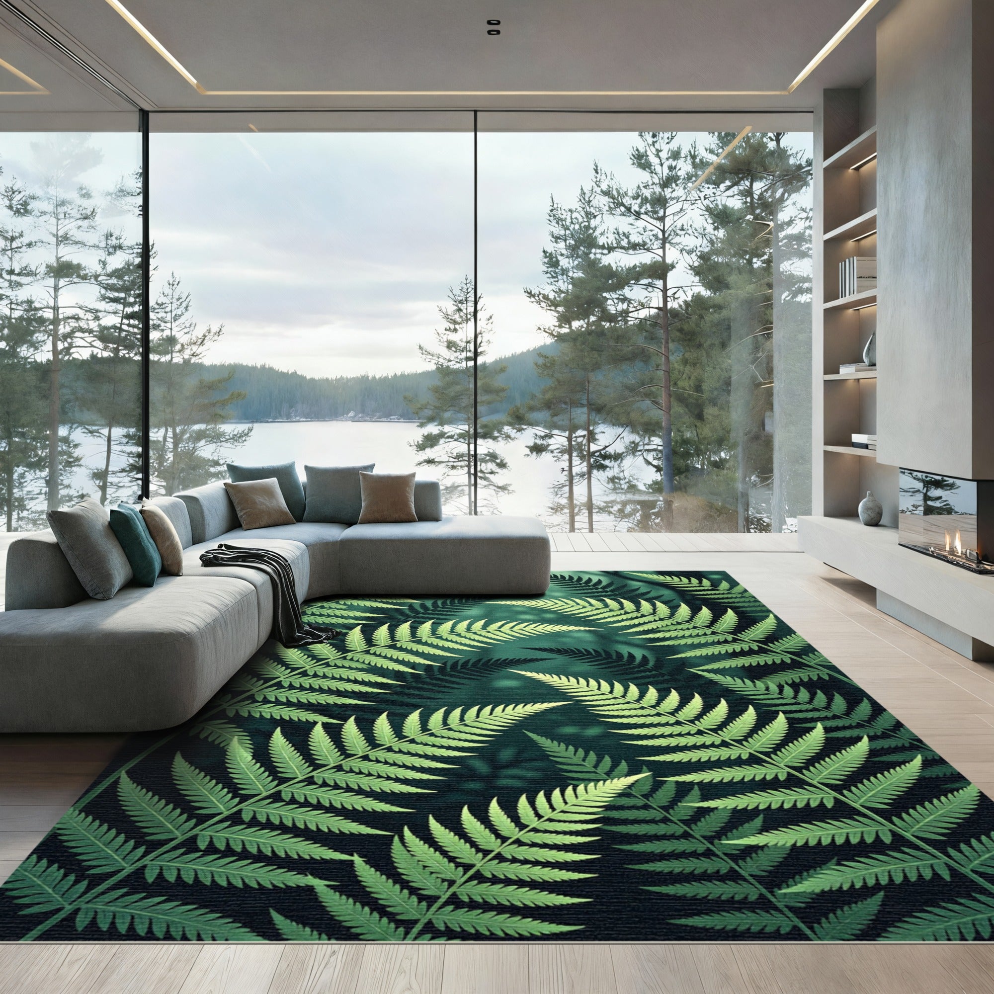 Forest Green Fern Leaf Pattern Rug