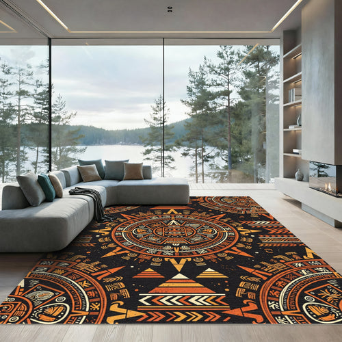 Aztec Sun Calendar Burnt Orange Rug