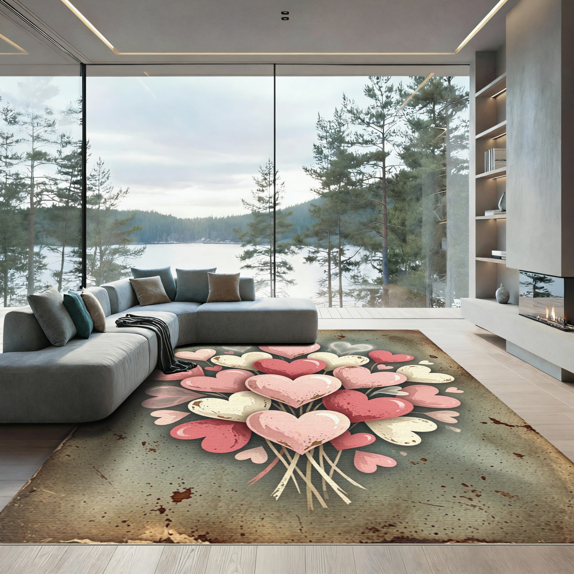 Rustic Pink Heart Bouquet Illustration Rug