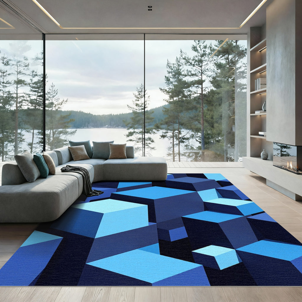 Deep Blue Cubes Isometric Collection Rug