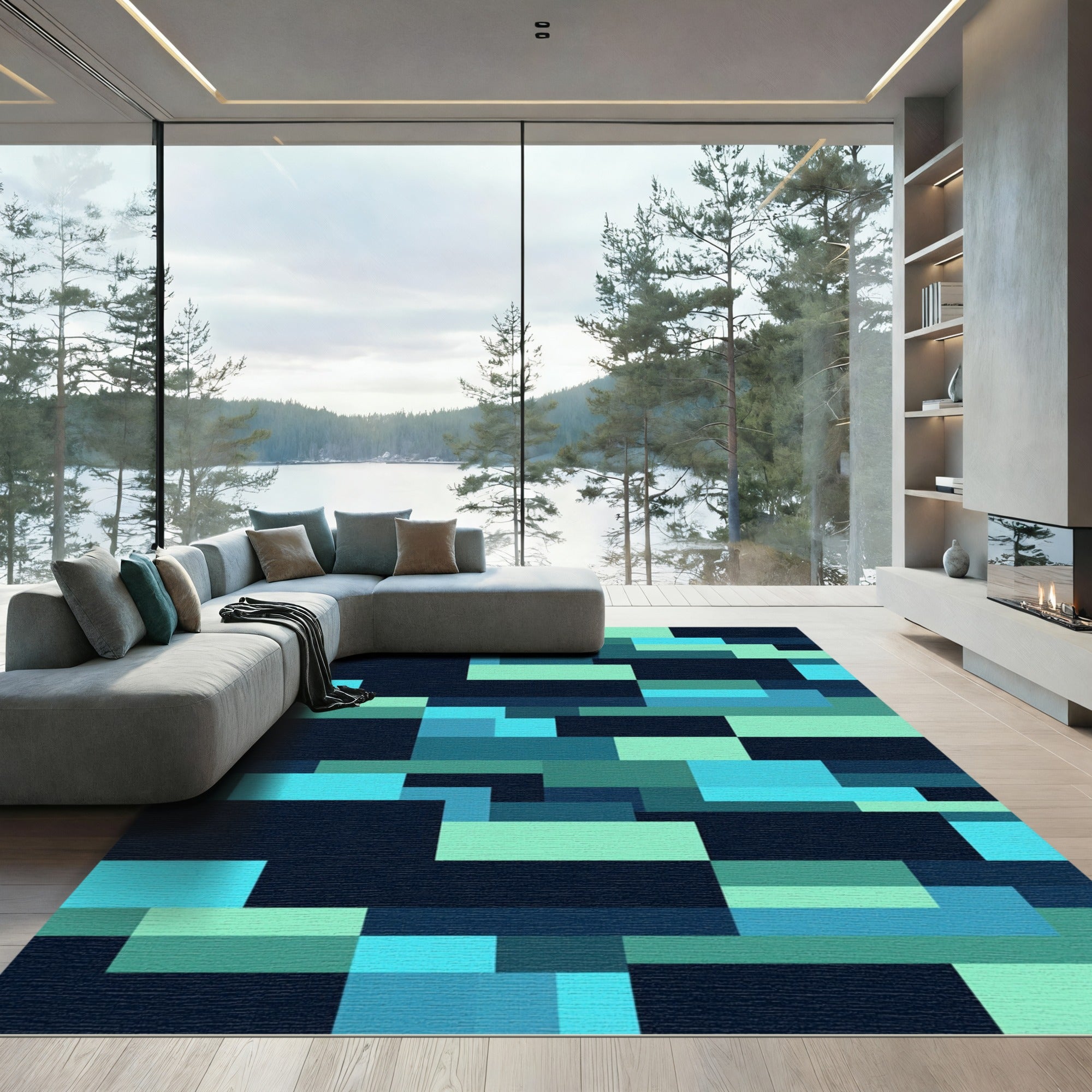 Modern Teal and Cyan Geometric Block Rug