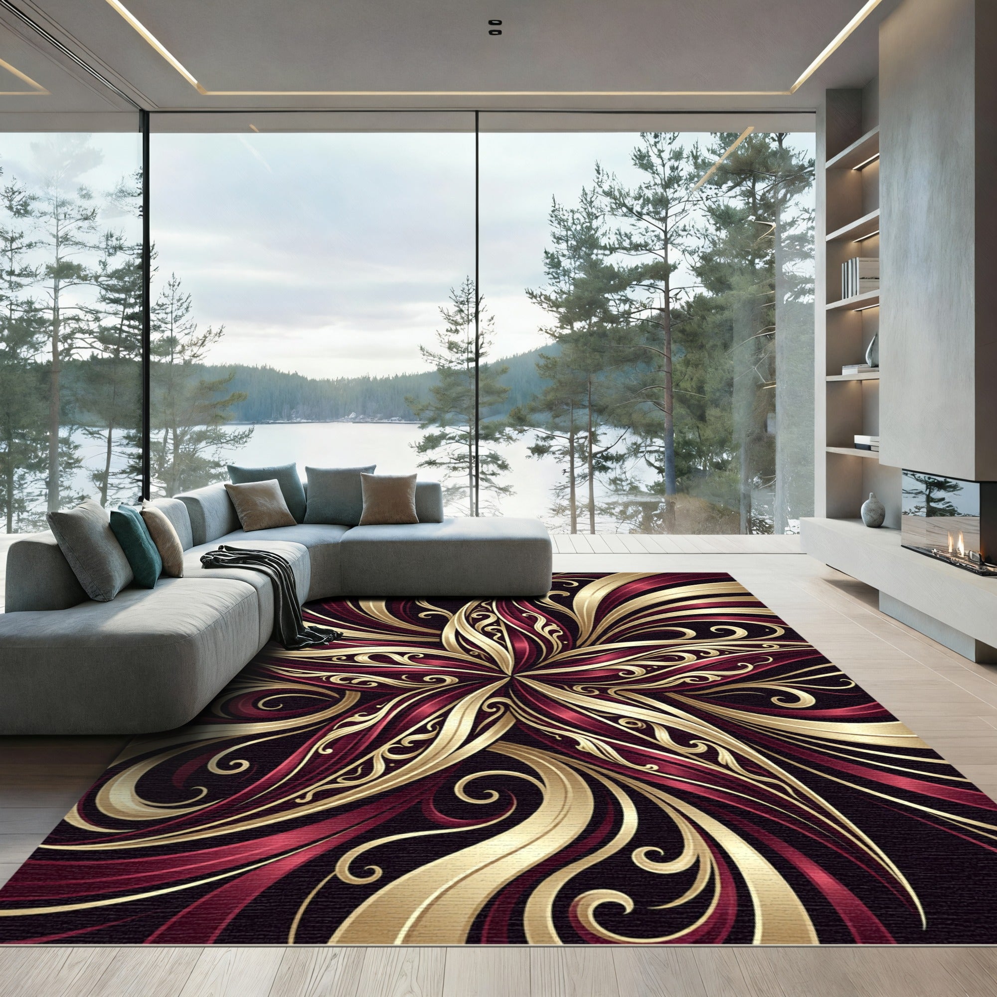 Radiant Scarlet Gold Swirls Rug