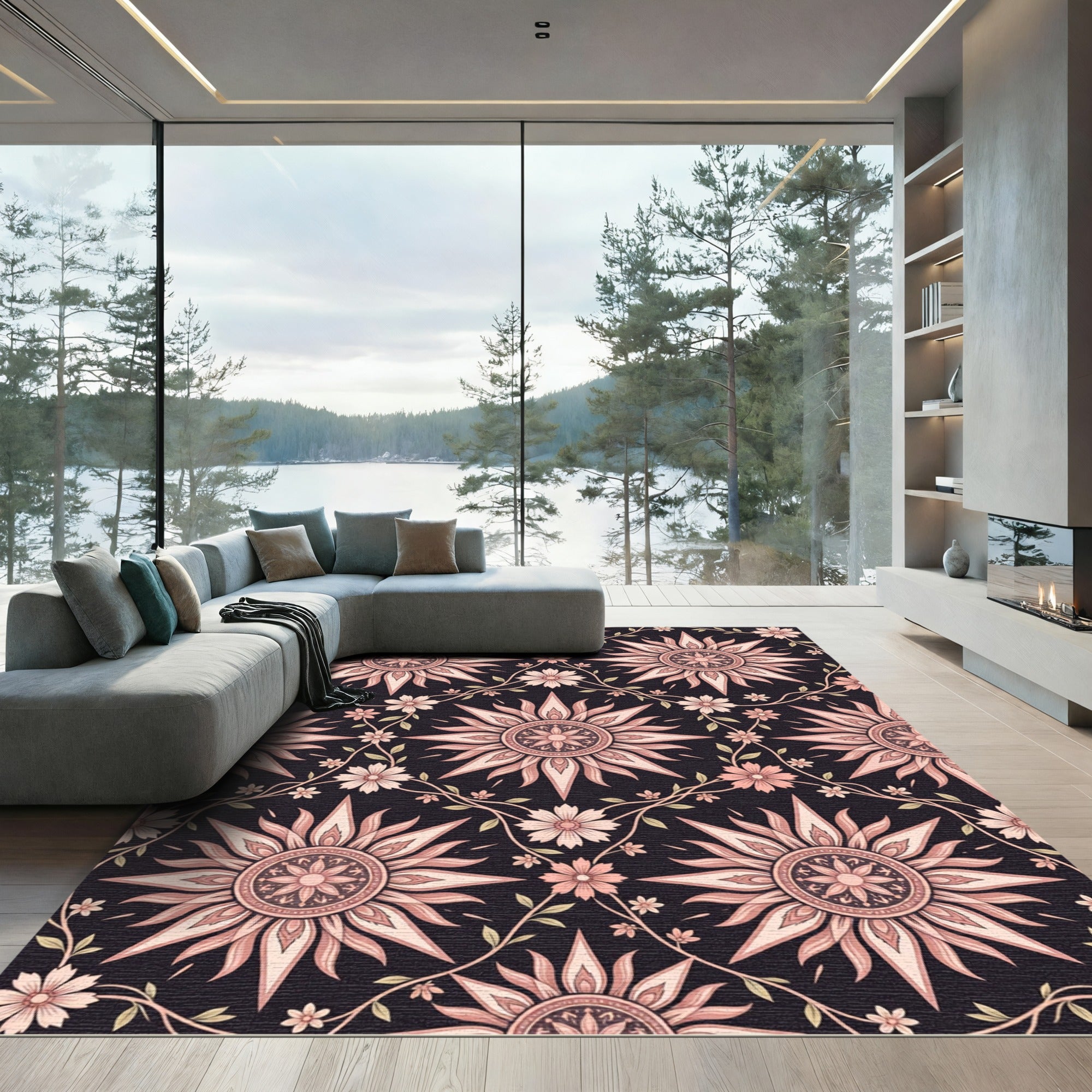 Blush Floral Starburst Dark Tapestry Rug
