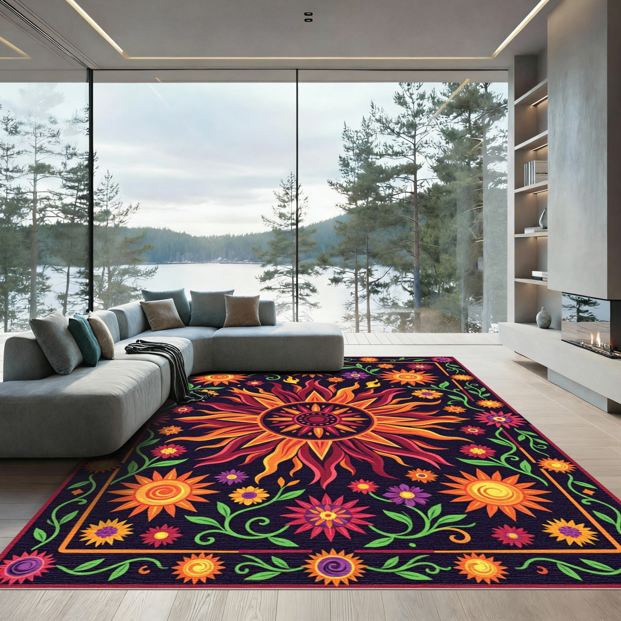 Vibrant Solar Flare Radiant Floral Tapestry Rug