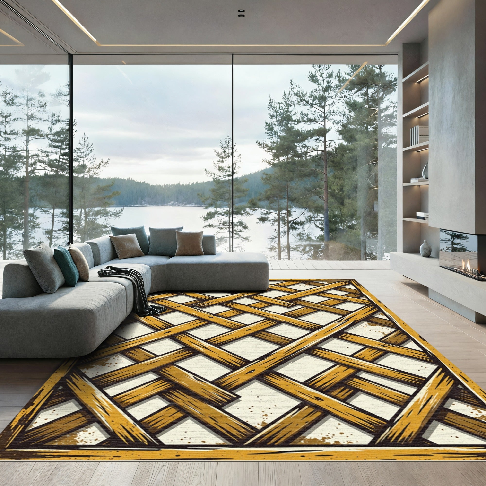 Rustic Woven Bamboo Lattice Pattern Rug