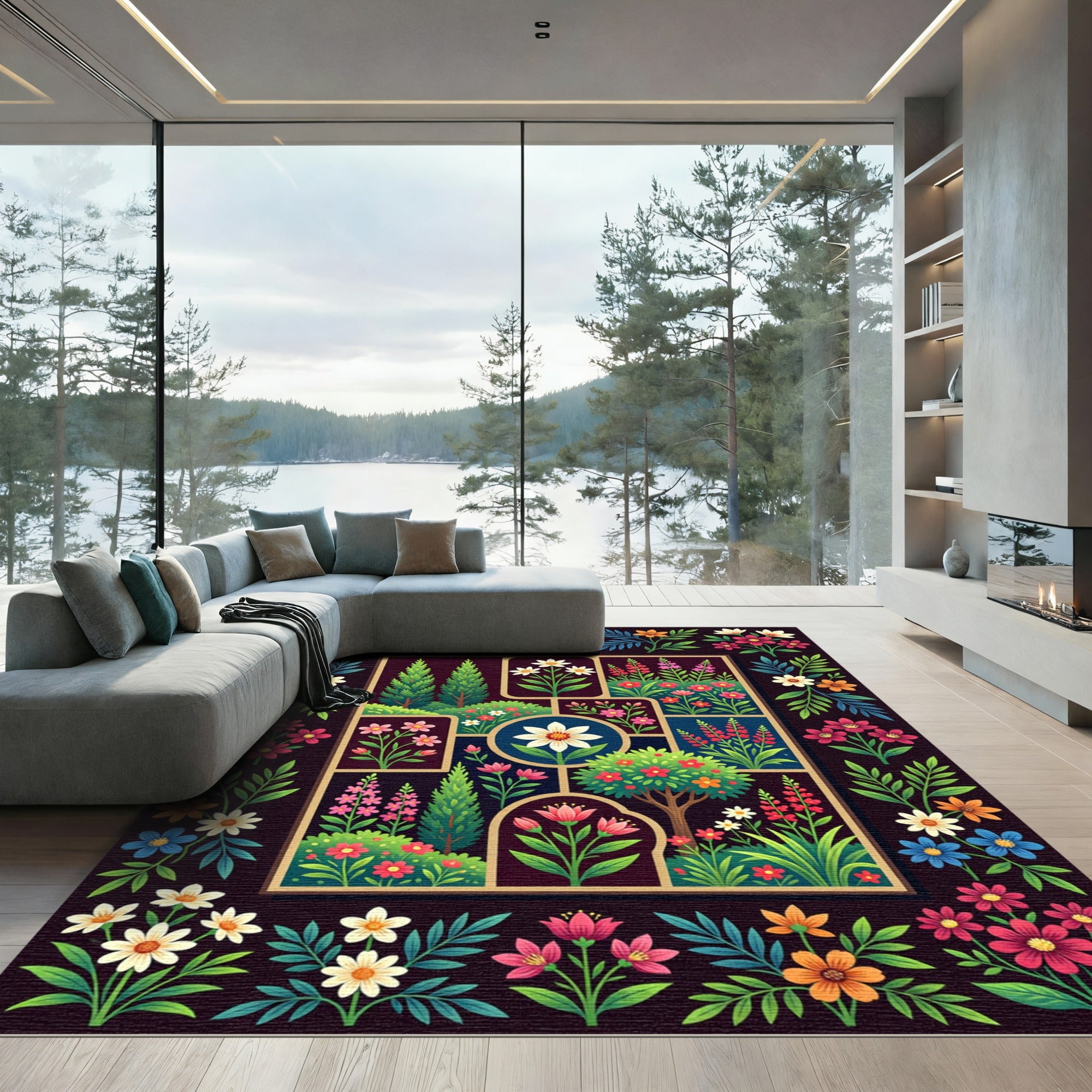 Botanical Floral Grid Dark Garden Tapestry Rug