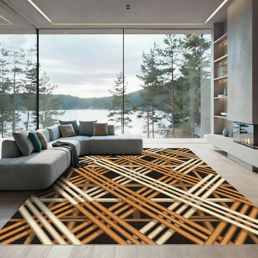 Interlocking Golden Ochre Geometric Lattice Rug