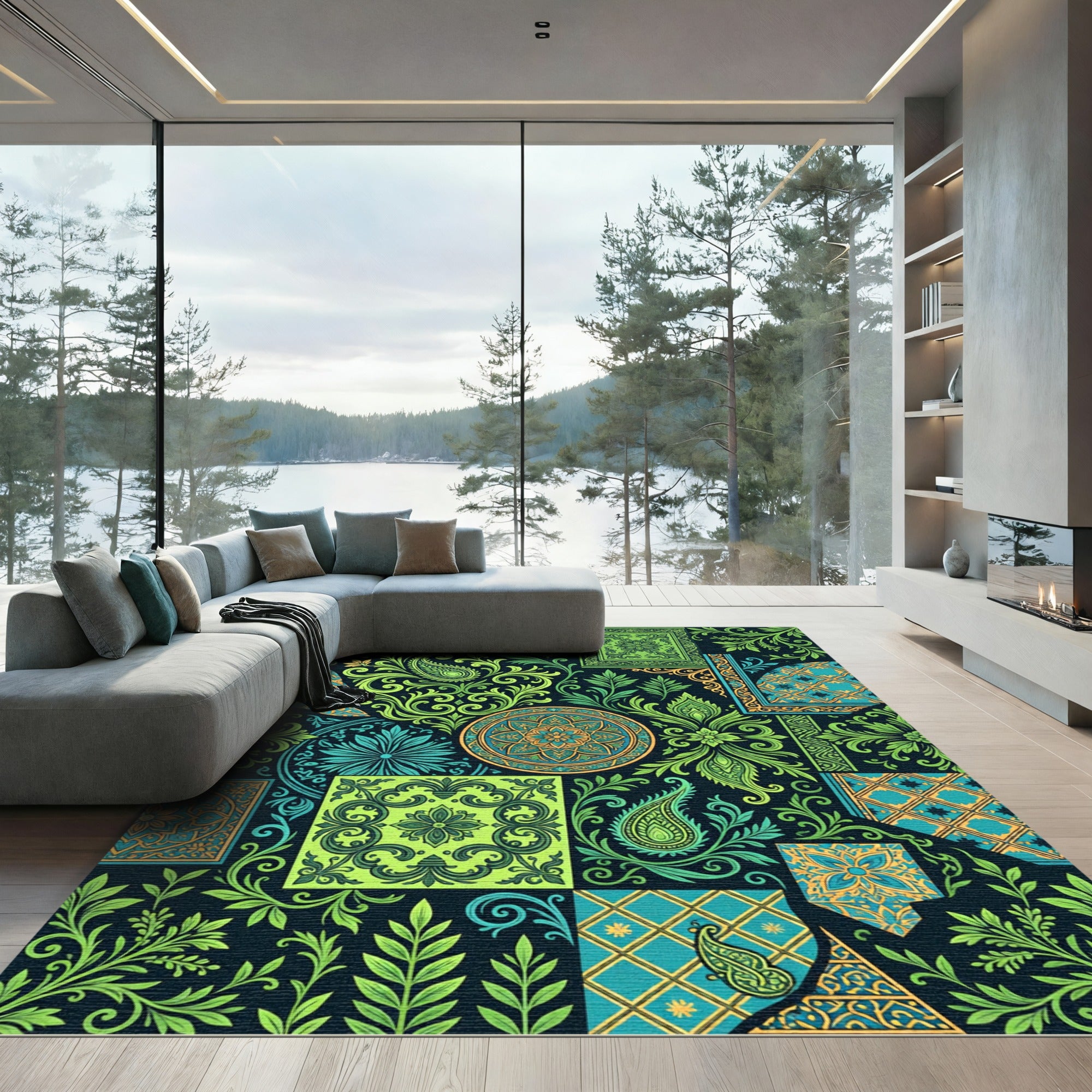 Green Blue Orange Medallion Paisley Collage Rug