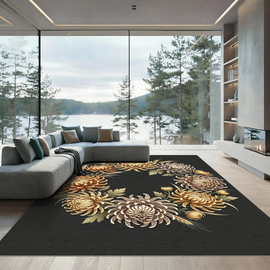 Golden Chrysanthemum Floral Harvest Wreath Rug