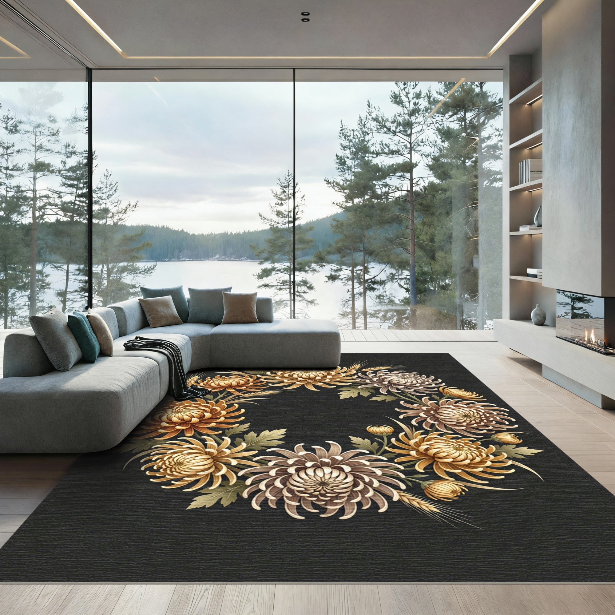 Golden Chrysanthemum Floral Harvest Wreath Rug