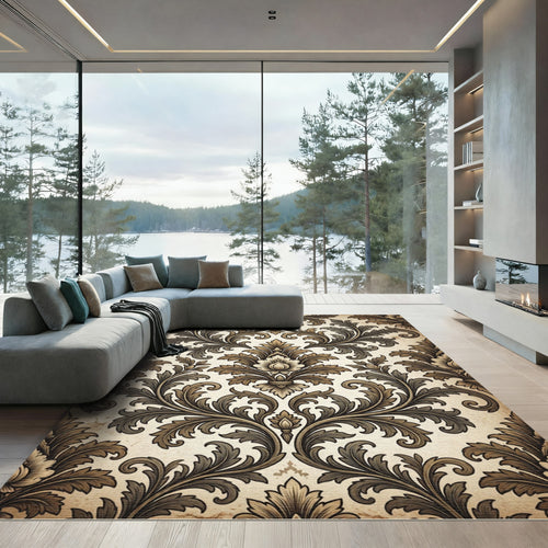 Antique Brown Floral Acanthus Damask Rug