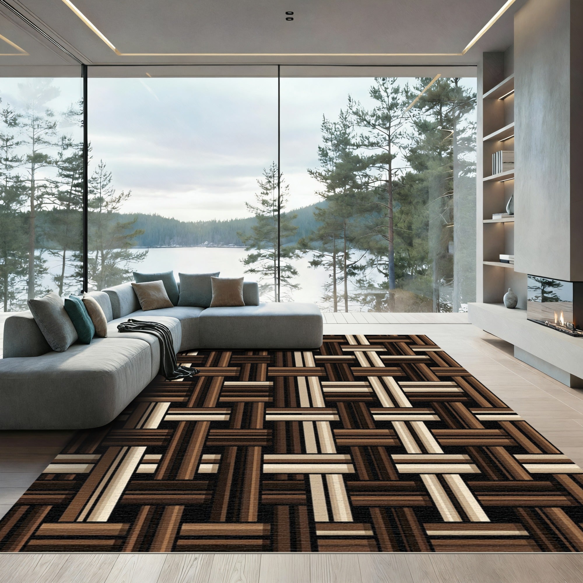 Brown Woven Stripe Grid Rug