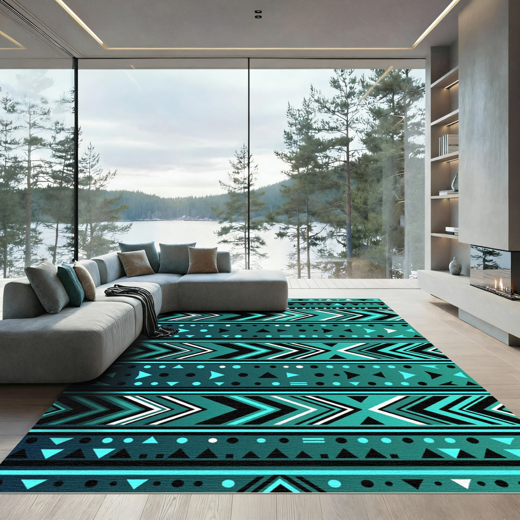 Teal Geometric Tribal Chevron Rug