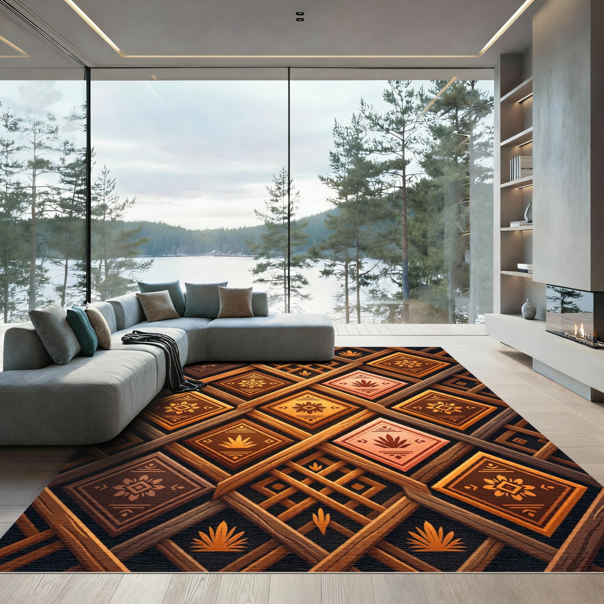 Earthy Geometric Lattice Diamond Amber Rug