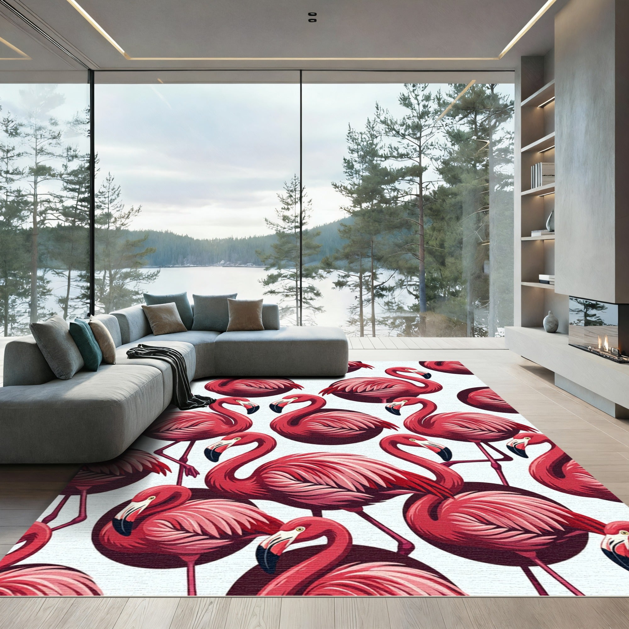 Vibrant Pink Flamingo Flock Pattern Rug