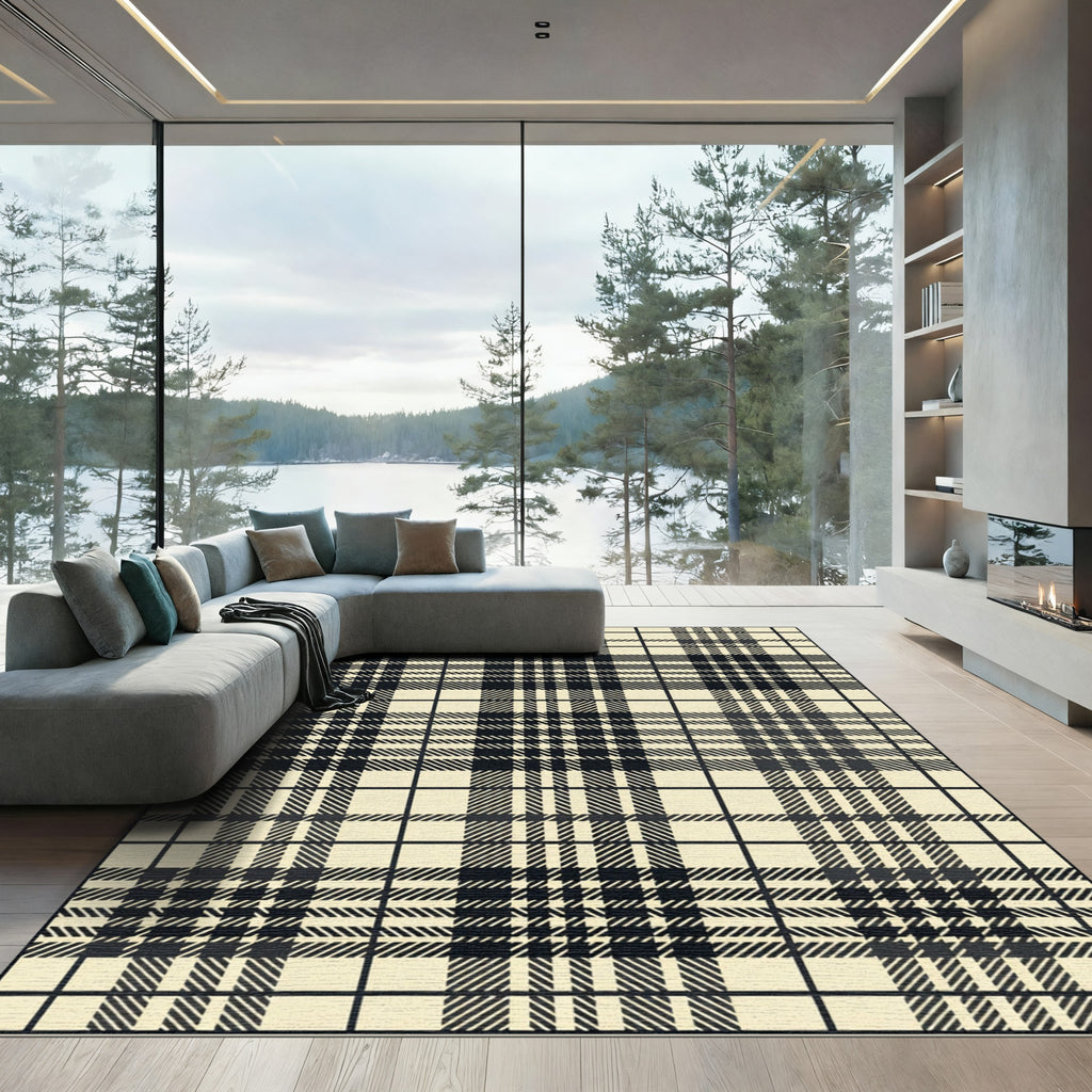 Classic Black Cream Plaid Squares Rug
