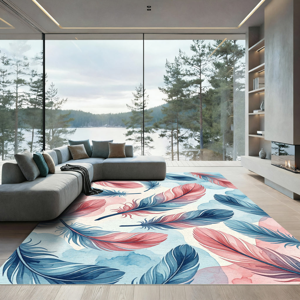 Watercolor Blue and Pink Feather Array Rug