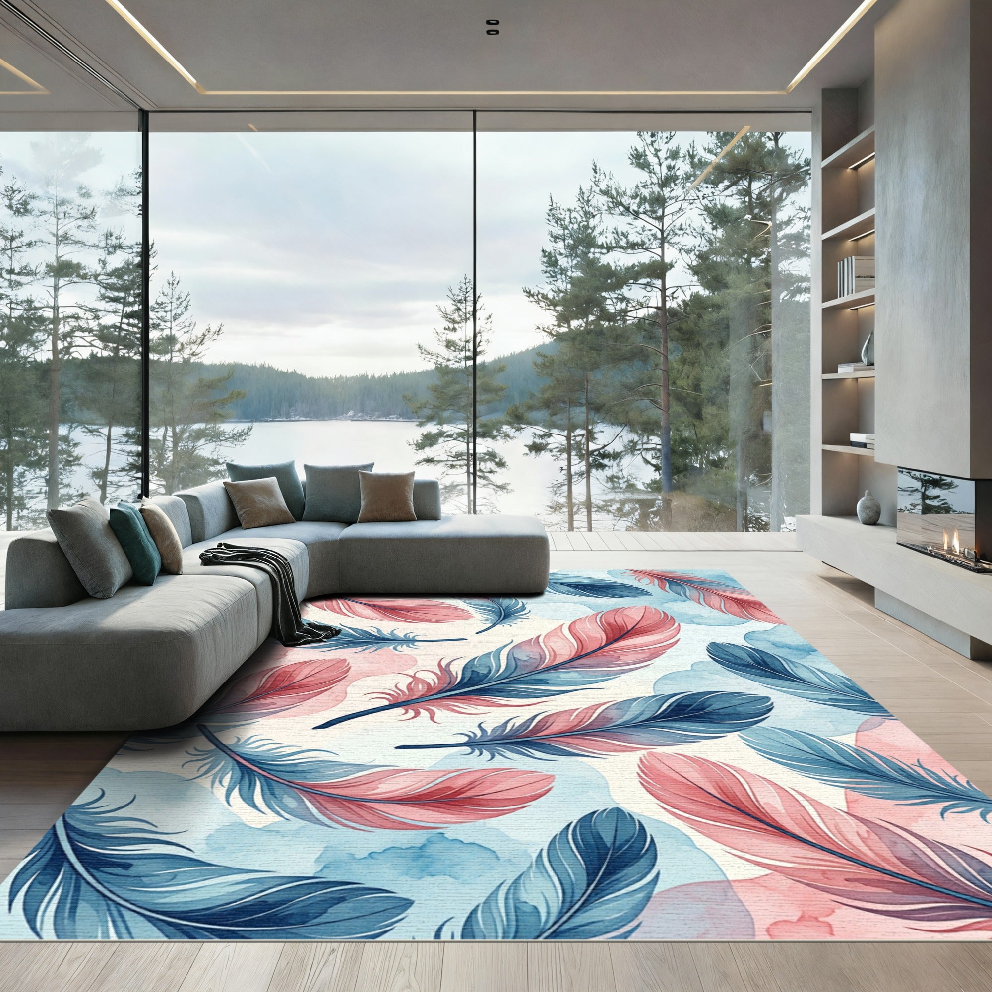 Watercolor Blue and Pink Feather Array Rug