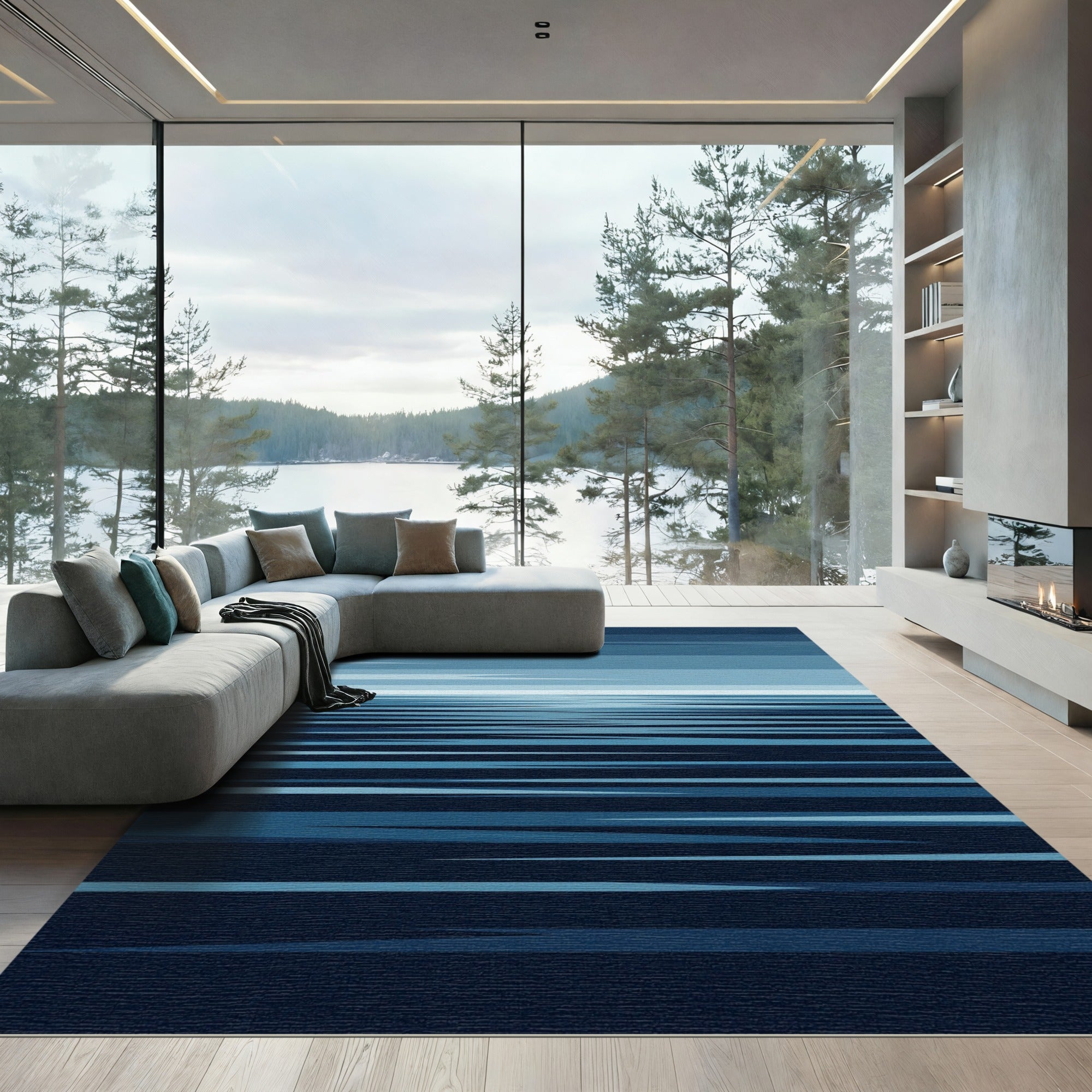 Deep Blue Abstract Horizon Stripes Rug