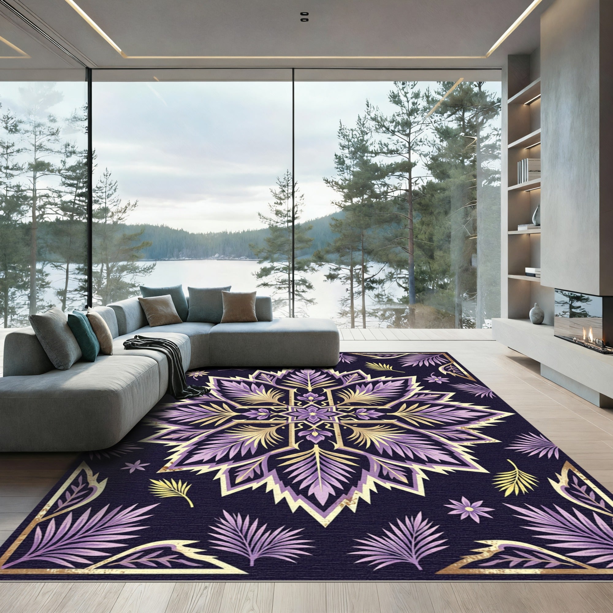 Elegant Purple Gold Botanical Medallion Rug