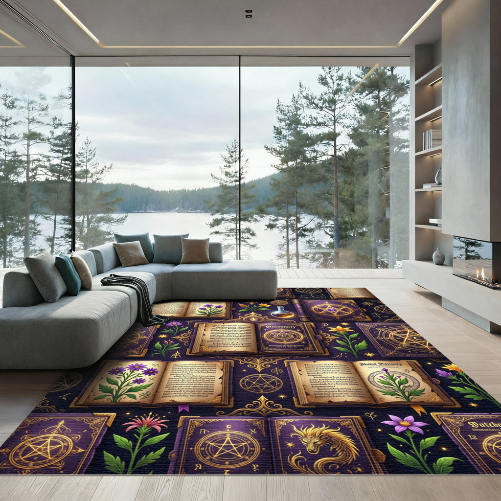 Mystical Purple Golden Occult Grimoire Rug