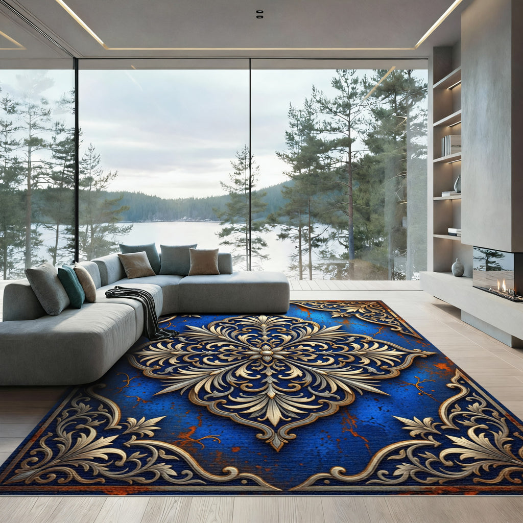 Ornate Royal Blue Golden Damask Scroll Rug