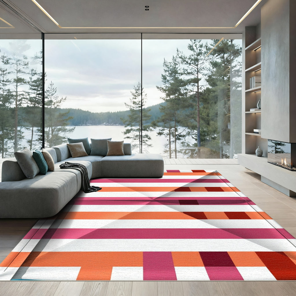Crimson Orange White Stripe Accordion Rug